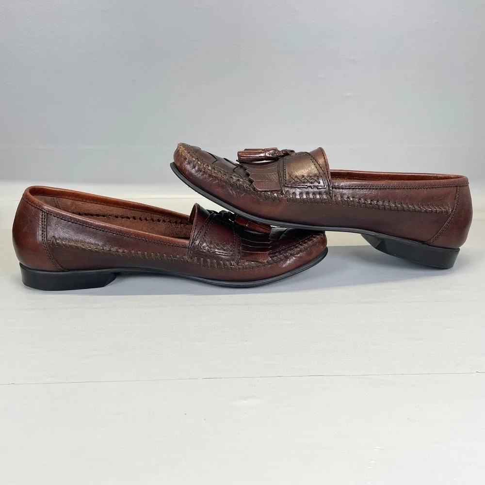 Bass Kiltie Tassel Loafers Mens Size 10M Brown Leather Woven Moc Toe Dress Shoes_9